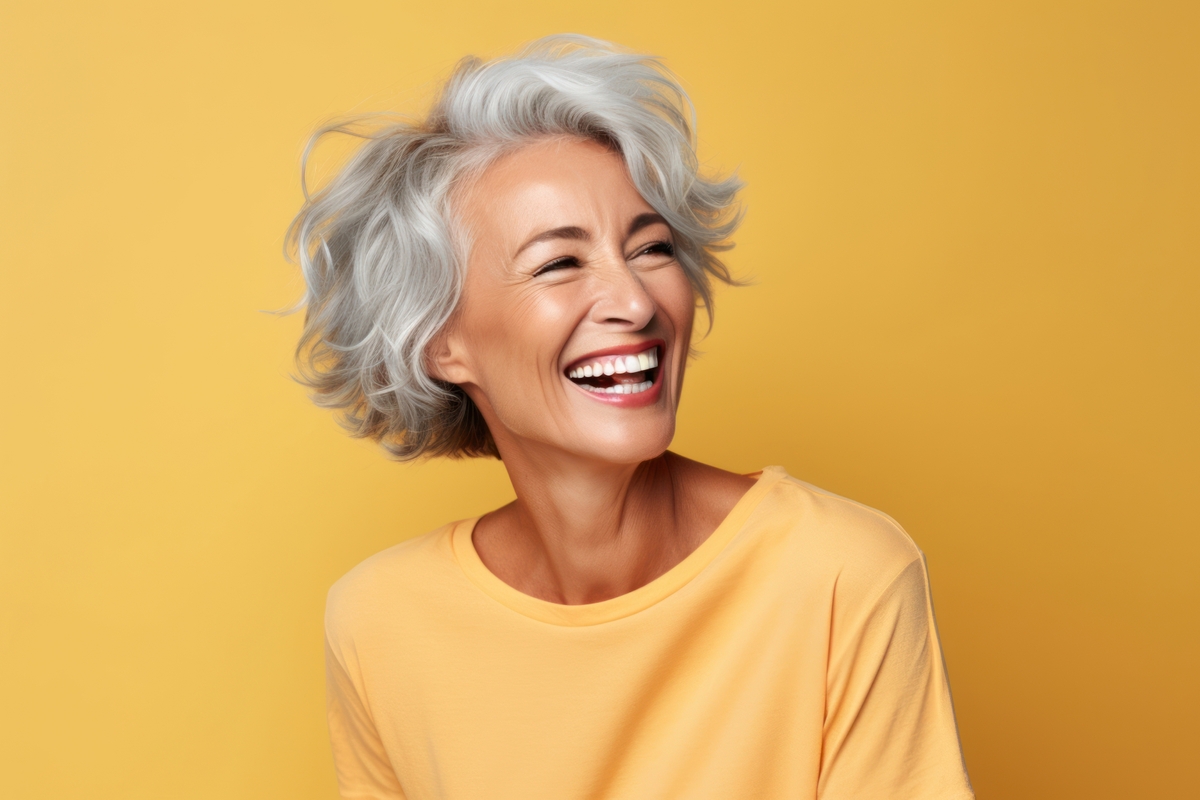 senior woman in a yellow blouse smiles against a yellow background