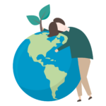 Illustration of a brunette woman hugging the earth with a small tree planted at the top